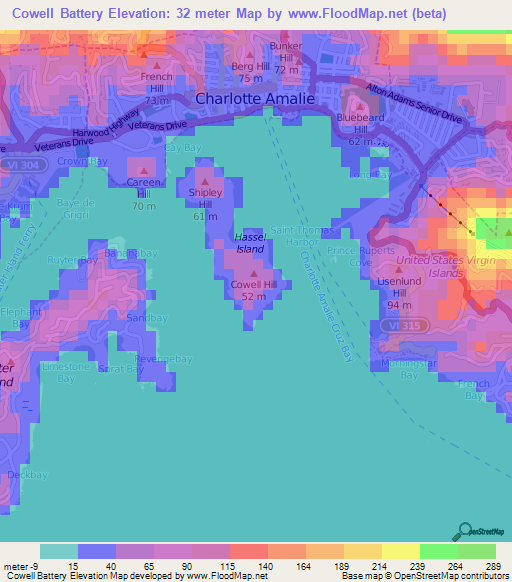 Cowell Battery,U.S. Virgin Islands Elevation Map