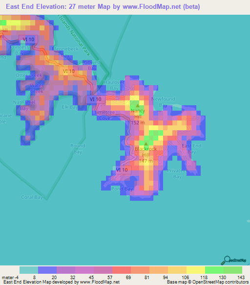 East End,U.S. Virgin Islands Elevation Map