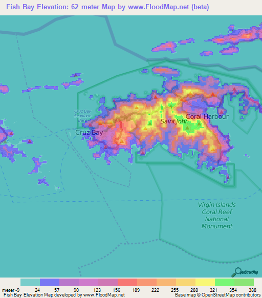 Fish Bay,U.S. Virgin Islands Elevation Map