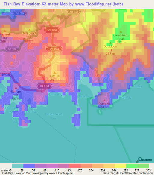 Fish Bay,U.S. Virgin Islands Elevation Map