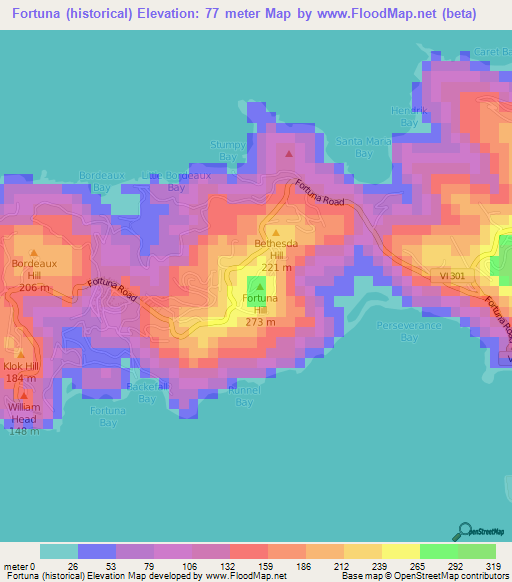 Fortuna (historical),U.S. Virgin Islands Elevation Map