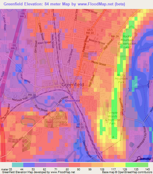 Greenfield,US Elevation Map