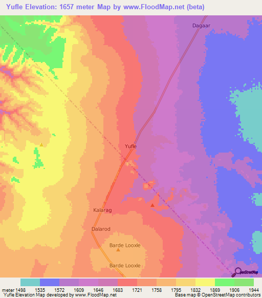 Yufle,Somalia Elevation Map