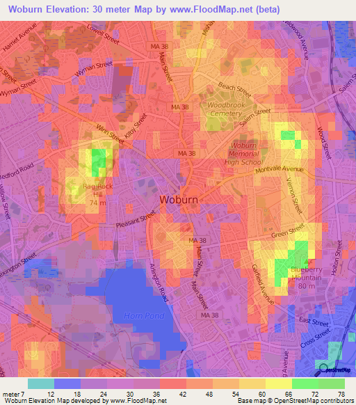 Woburn,US Elevation Map