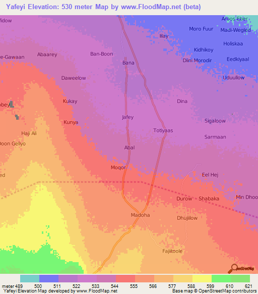 Yafeyi,Somalia Elevation Map