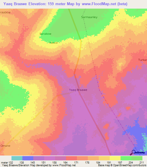 Yaaq Braawe,Somalia Elevation Map