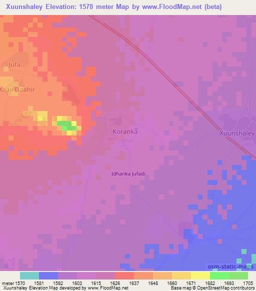 Xuunshaley,Somalia Elevation Map