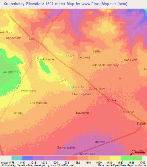 Xuunshaley,Somalia Elevation Map