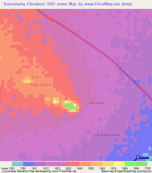 Xuunshaley,Somalia Elevation Map