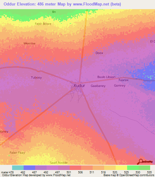 Oddur,Somalia Elevation Map