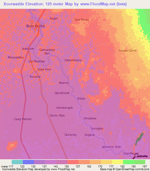 Xoorwadde,Somalia Elevation Map
