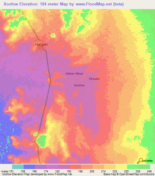 Xoofow,Somalia Elevation Map