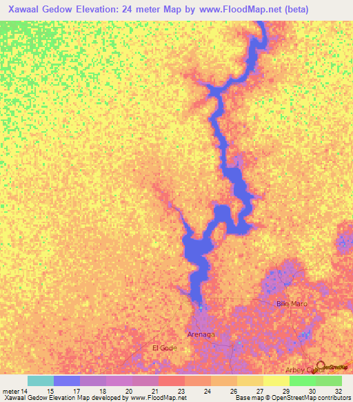 Xawaal Gedow,Somalia Elevation Map