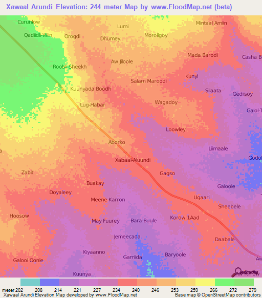 Xawaal Arundi,Somalia Elevation Map