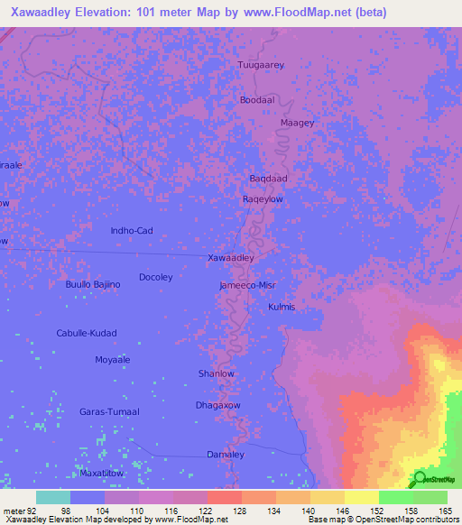 Xawaadley,Somalia Elevation Map