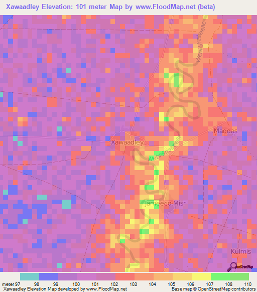 Xawaadley,Somalia Elevation Map