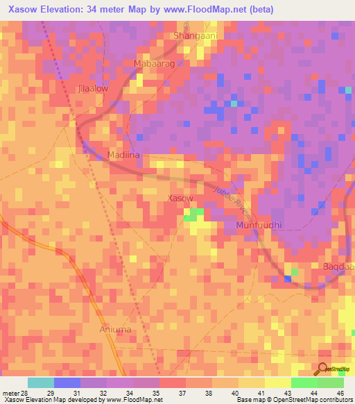 Xasow,Somalia Elevation Map