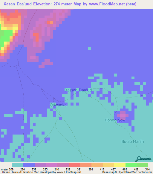 Xasan Daa'uud,Somalia Elevation Map