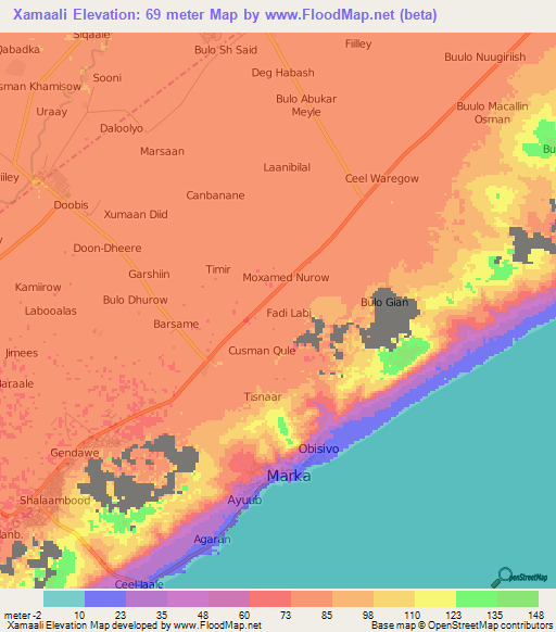 Xamaali,Somalia Elevation Map