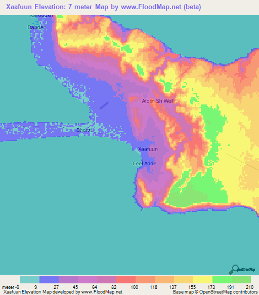 Xaafuun,Somalia Elevation Map