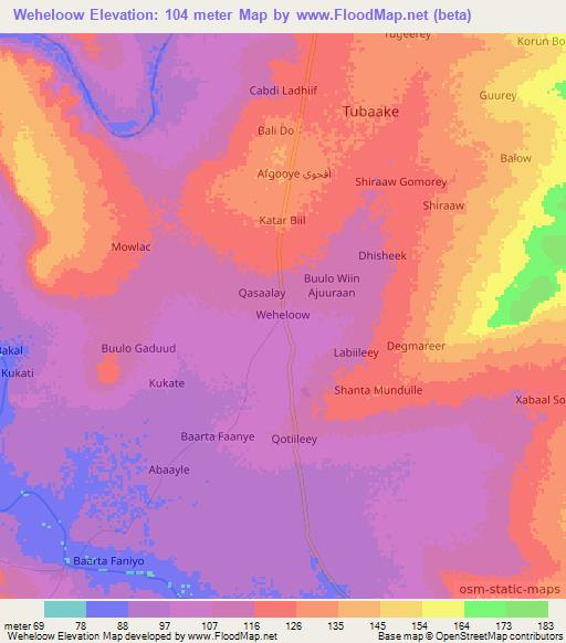 Weheloow,Somalia Elevation Map