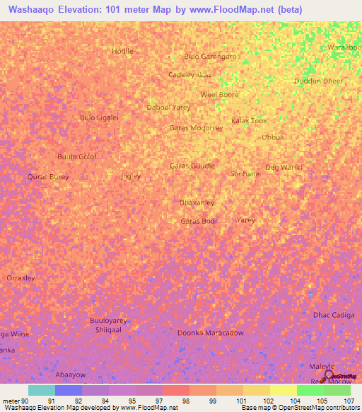 Washaaqo,Somalia Elevation Map