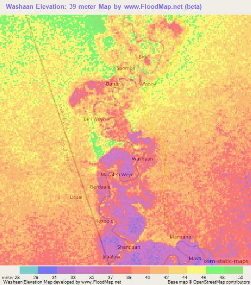 Washaan,Somalia Elevation Map