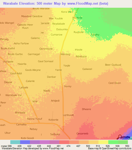 Warabale,Somalia Elevation Map