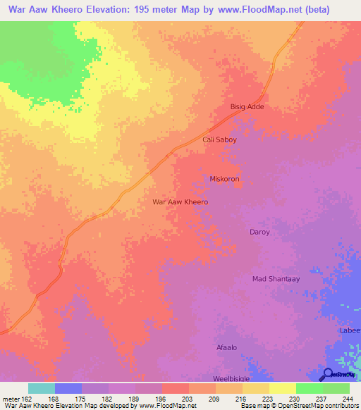 War Aaw Kheero,Somalia Elevation Map