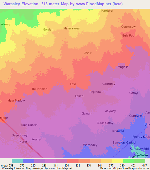 Waraaley,Somalia Elevation Map