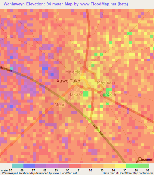 Wanlaweyn,Somalia Elevation Map