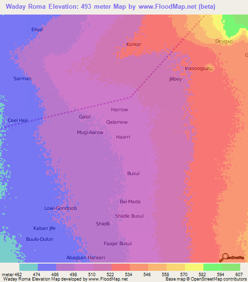 Waday Roma,Somalia Elevation Map