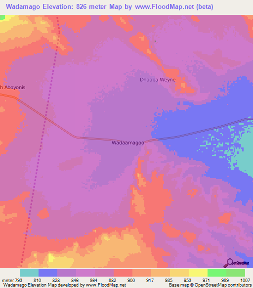 Wadamago,Somalia Elevation Map
