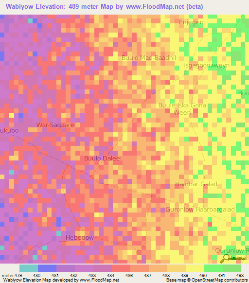 Wabiyow,Somalia Elevation Map