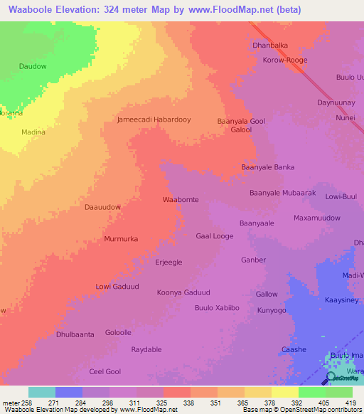 Waaboole,Somalia Elevation Map