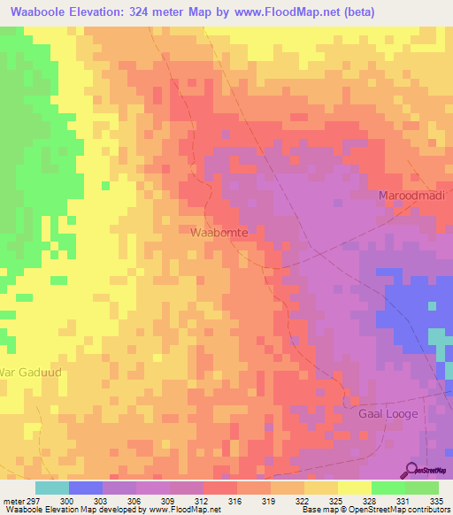 Waaboole,Somalia Elevation Map