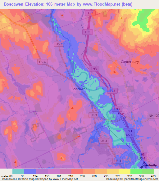 Boscawen,US Elevation Map