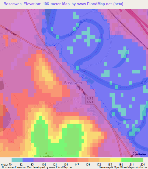 Boscawen,US Elevation Map