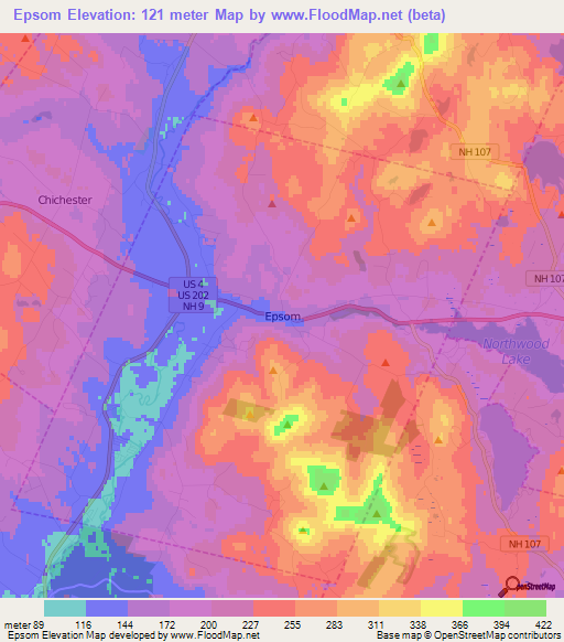 Epsom,US Elevation Map