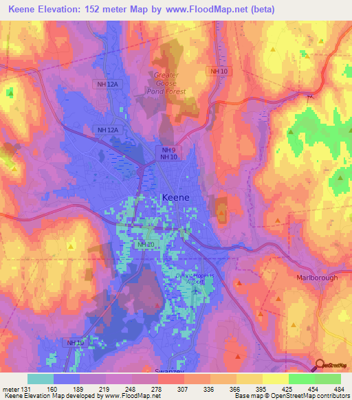 Keene,US Elevation Map