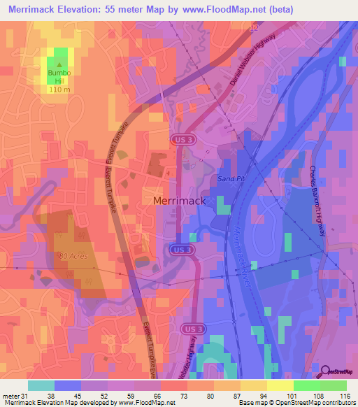 Merrimack,US Elevation Map