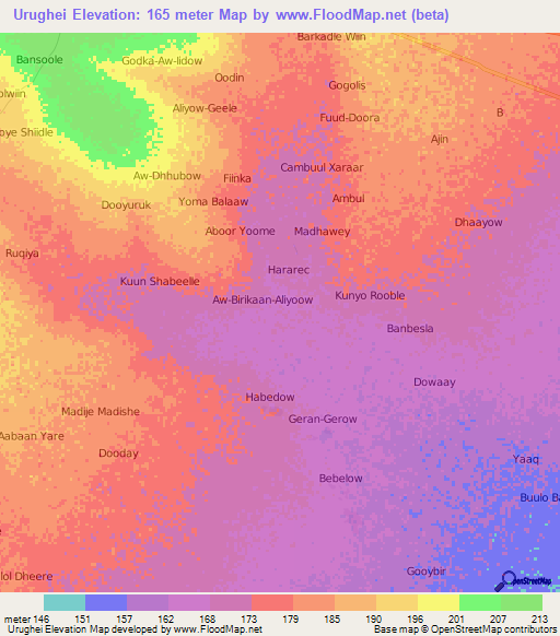 Urughei,Somalia Elevation Map
