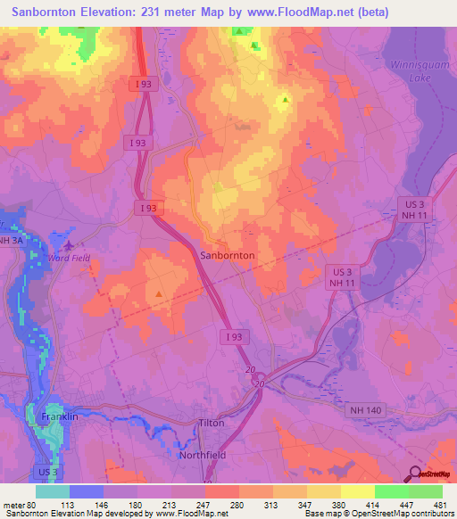 Sanbornton,US Elevation Map