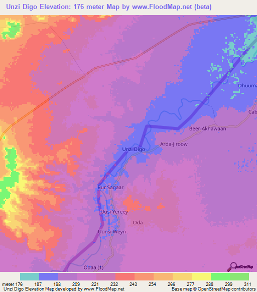 Unzi Digo,Somalia Elevation Map