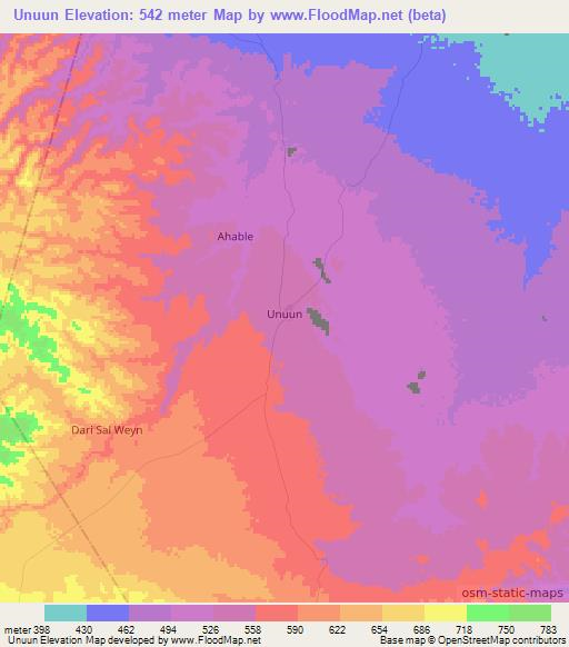 Unuun,Somalia Elevation Map