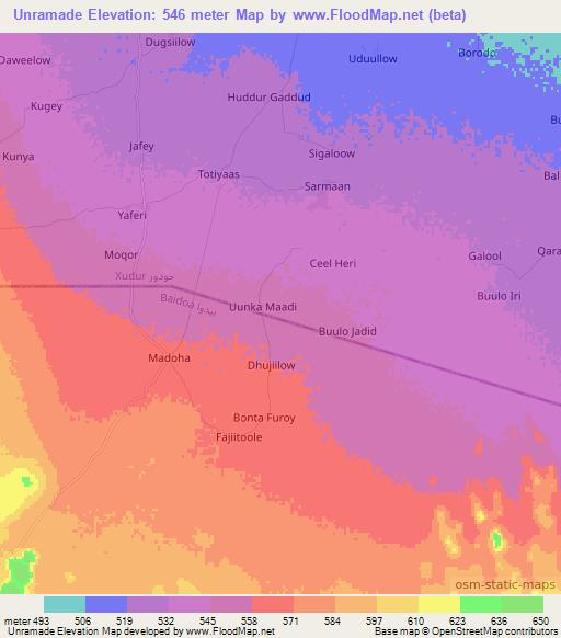Unramade,Somalia Elevation Map