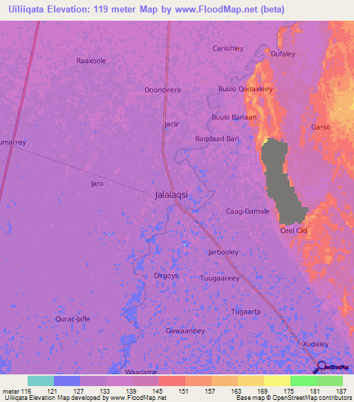 Uiliiqata,Somalia Elevation Map