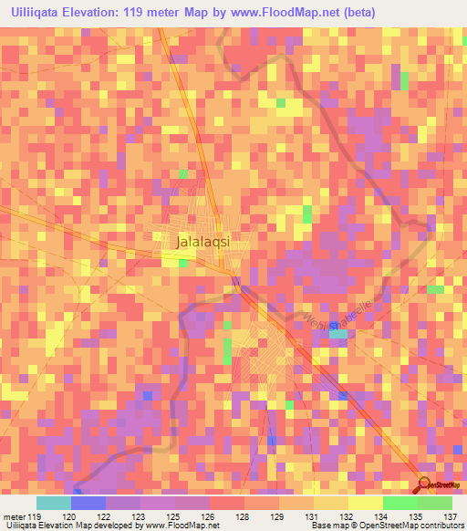Uiliiqata,Somalia Elevation Map