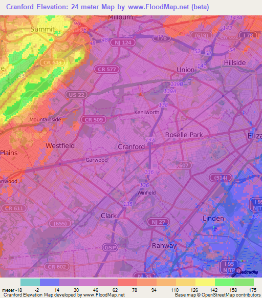 Cranford,US Elevation Map