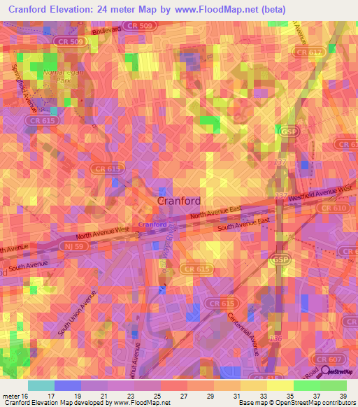 Cranford,US Elevation Map